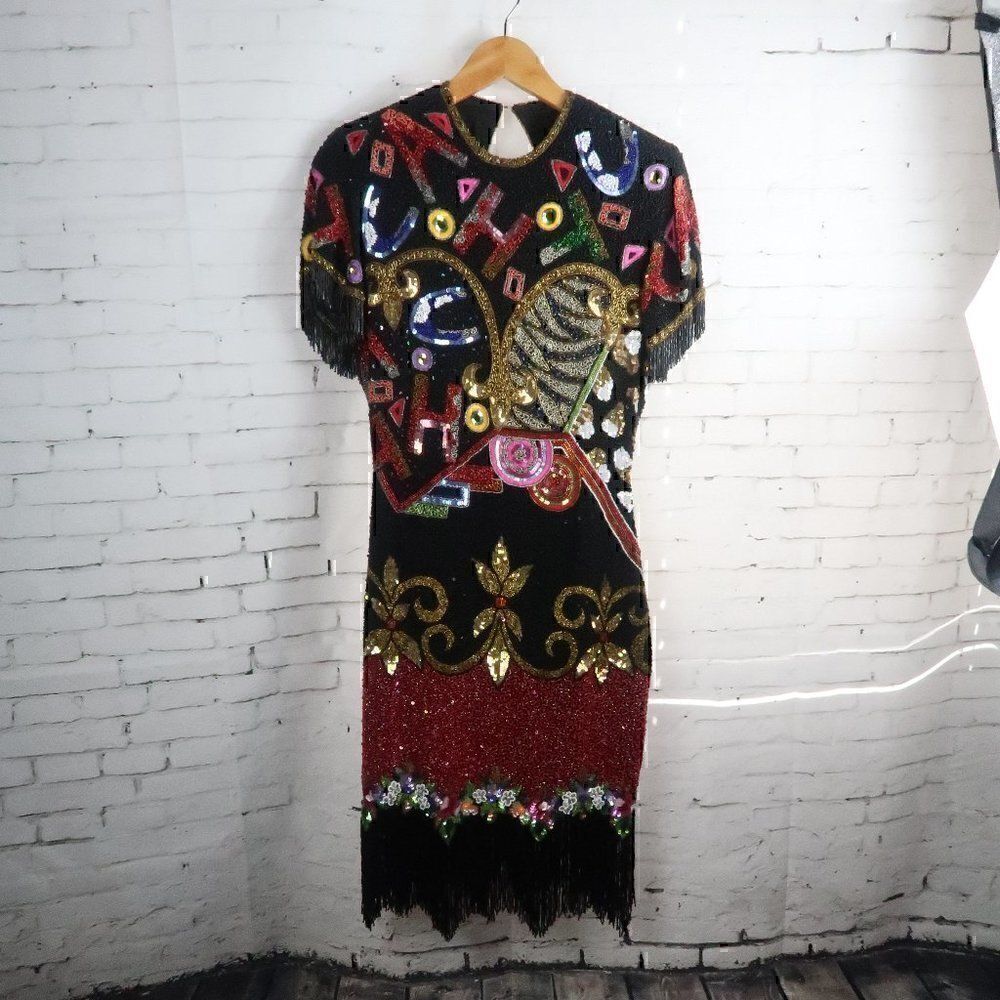 NAEEM KHAN RIAZEE VINTAGE SILK MULTI COLORED BEADED FRINGE SEQUIN PARTY DRESS